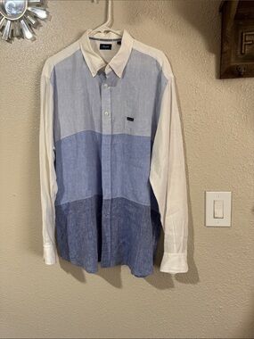 Faconnable Blue and White Colorblock Button-Down shirt 100% linen.